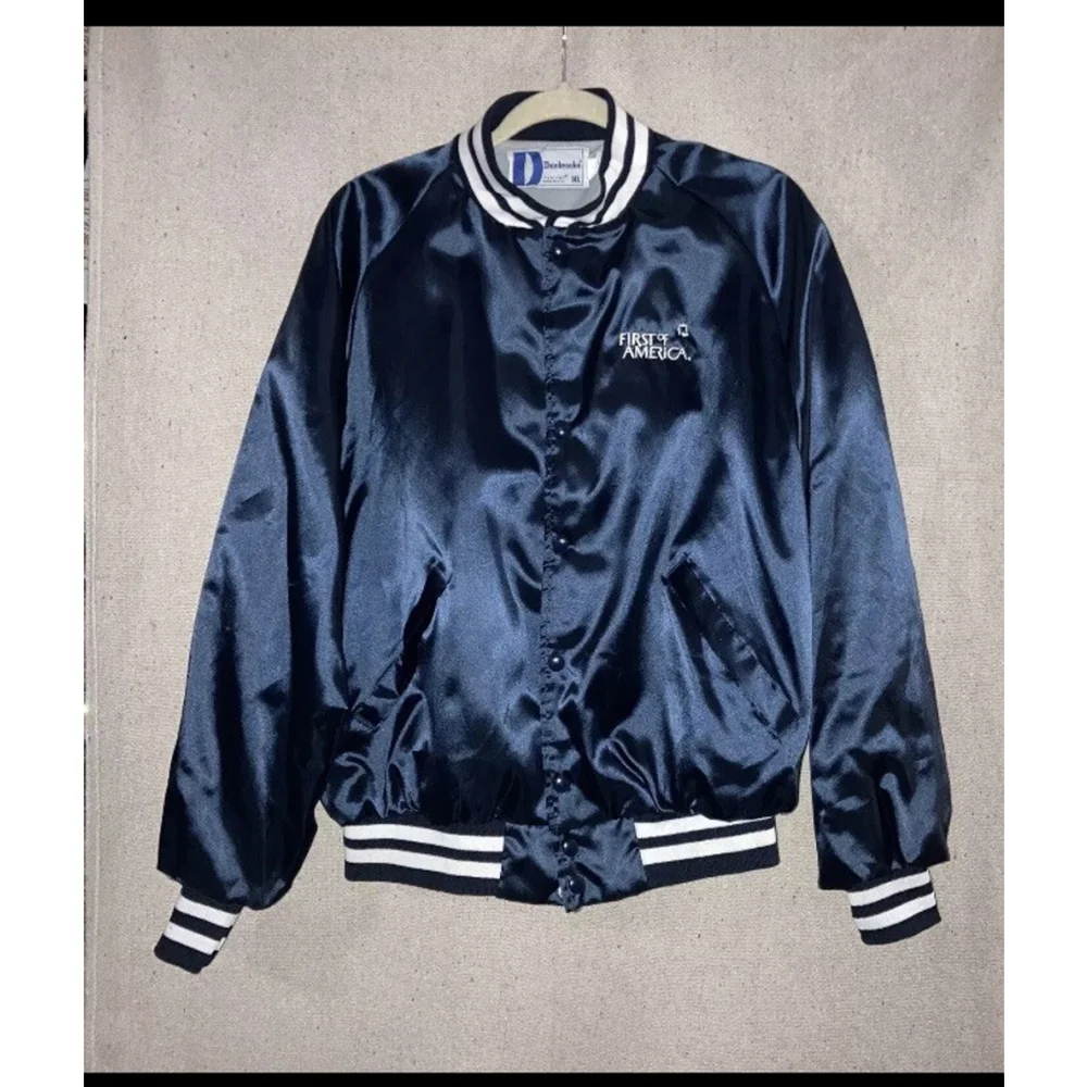 Vintage First of America Bank Banker Satin Jacket Bomber Blue Dunbrooke Men’s XL